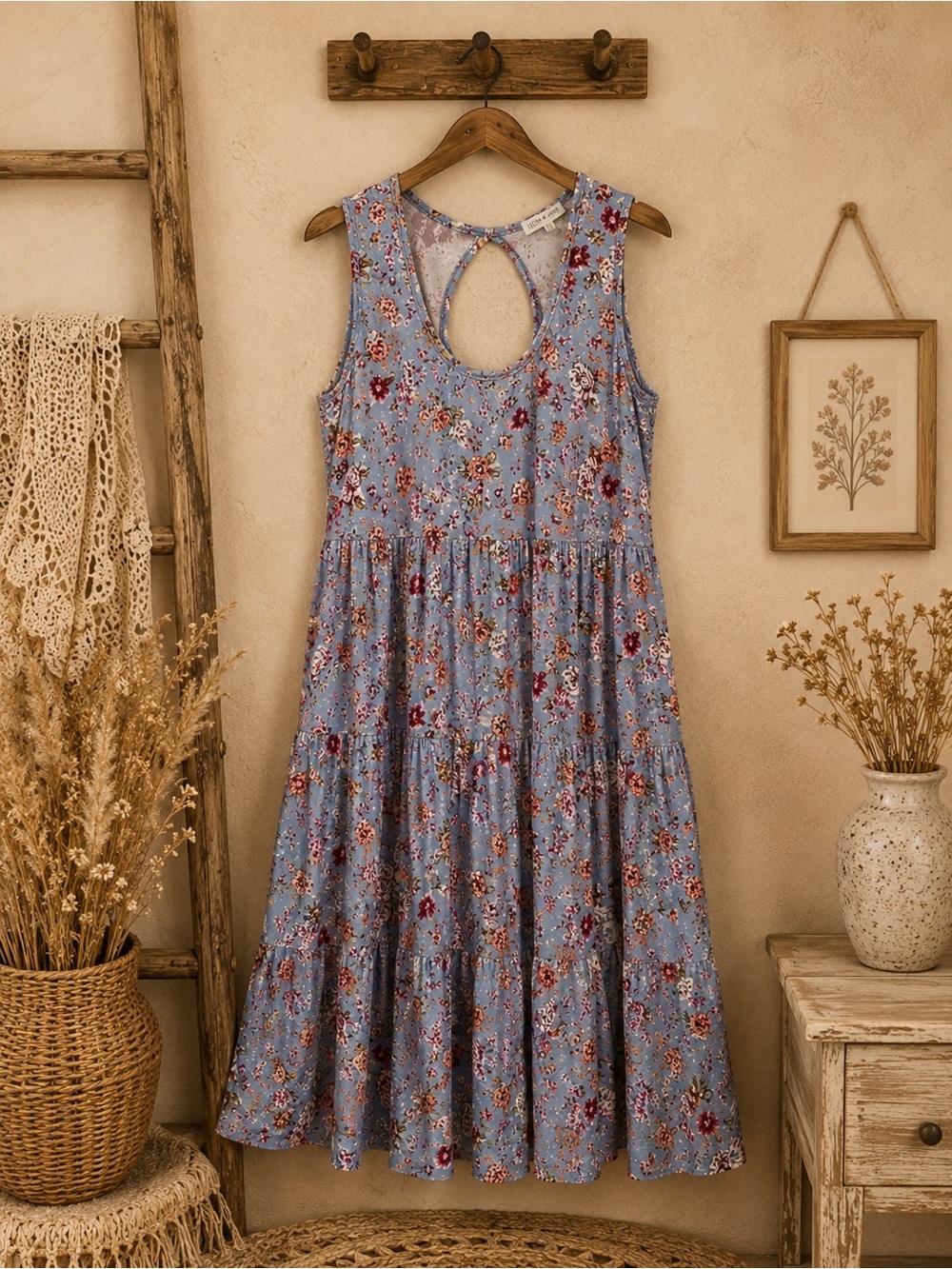 Ultra Flirt Dress Sleeveless Blue Multicolor Floral Tiered Cottagecore XL Summer